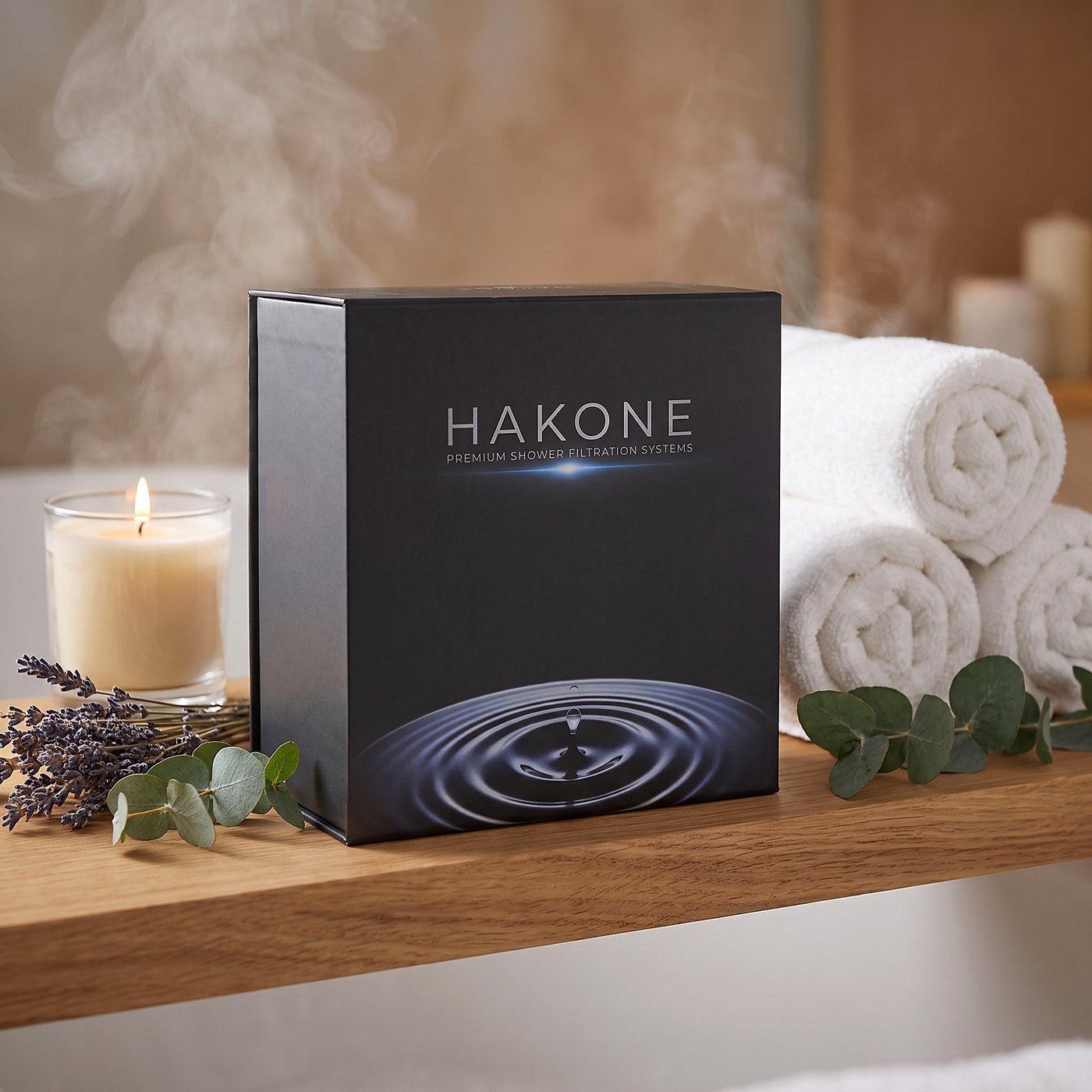 La caja de Hakone entre vapor, con una vela y toallas